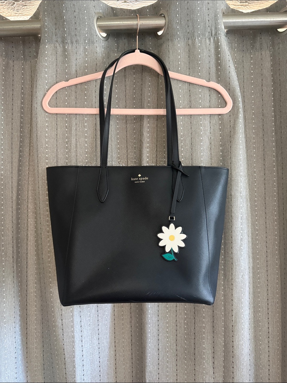 kate spade Black Leather Tote with White Daisy Charm